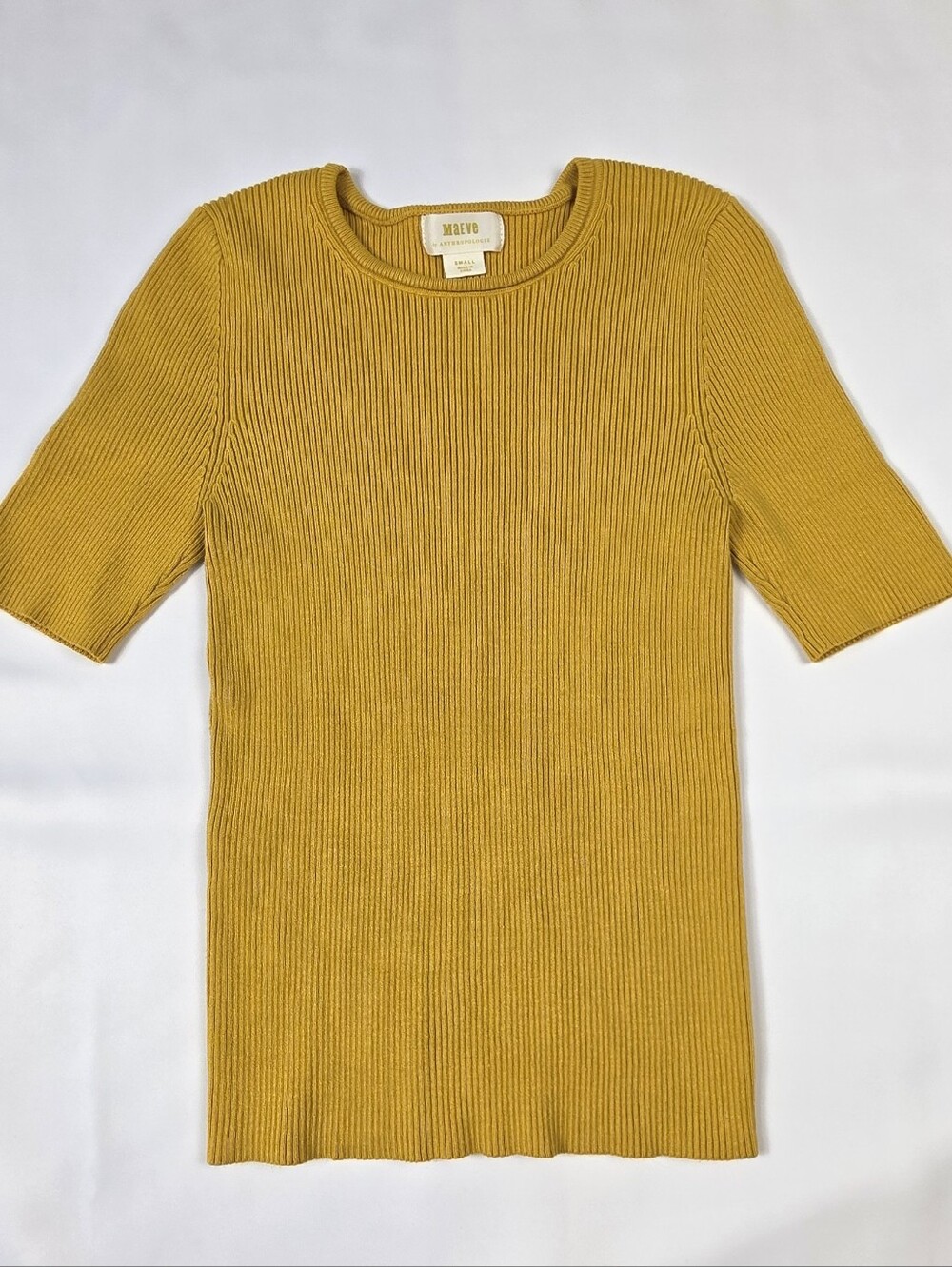 Maeve by Anthropologie Mustard Yellow Ribbed Short Sleeve Knit Sweater Top S